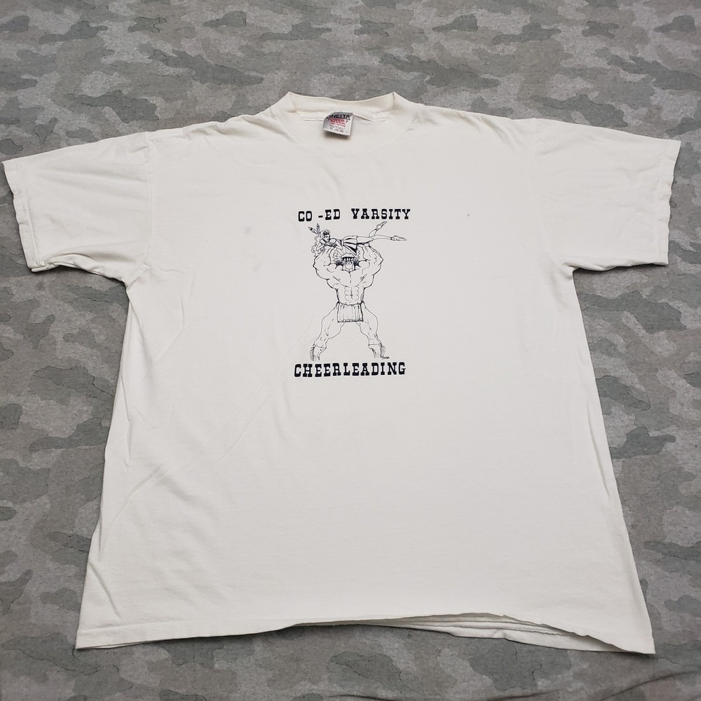Vintage Co Ed Varsity Cheerleading Shirt Men XL White Short Sleeve Single Stitch